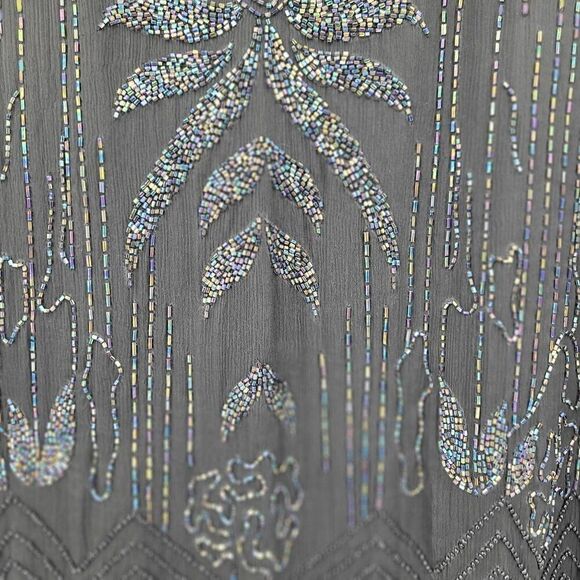 Vtg 80s Does 20s Black Oil Slick Beaded Silk Flapper Dress Sz M Great Gatsby - Picture 4 of 14